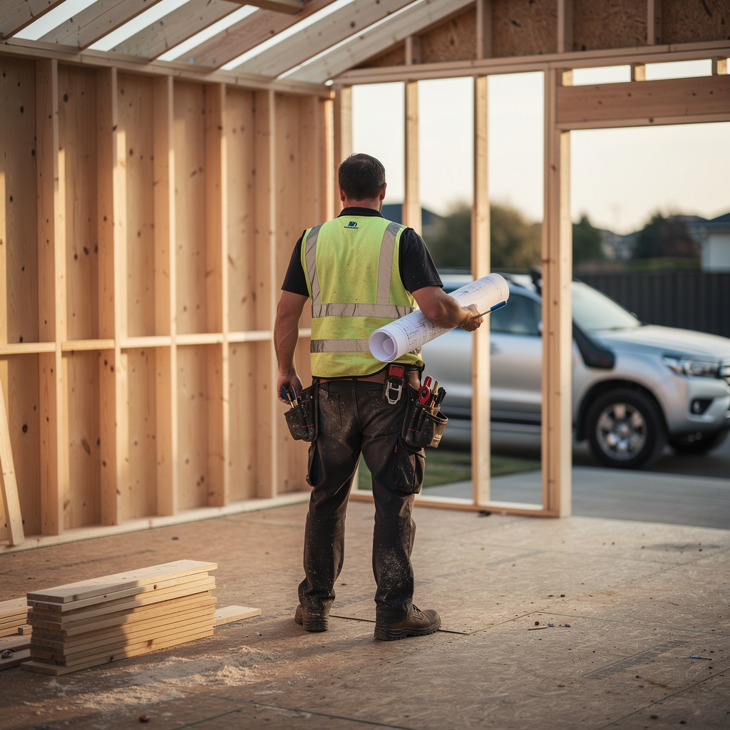 A builder seen from behind on a timber-framed residential site in New Zealand, holding rolled-up plans in bright morning light.