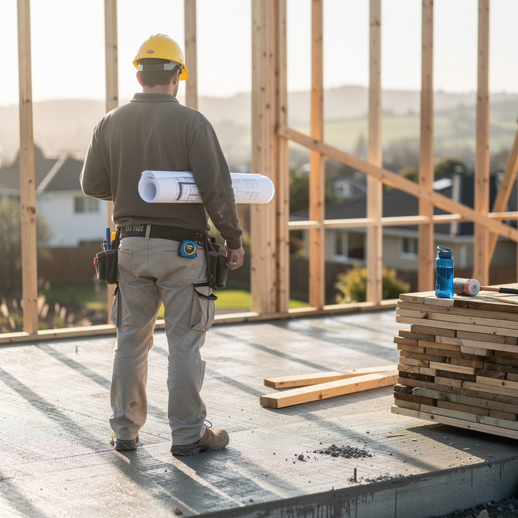 A builder seen from behind on a New Zealand residential site, looking over a timber-framed house in bright morning light while holding rolled plans.