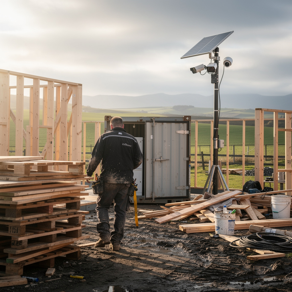 A builder seen from behind walking across a muddy Canterbury building site toward a site container, with a solar powered Sentry Tower beside the timber-framed house.