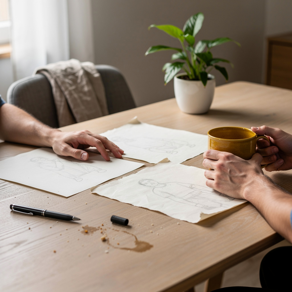 Person seen from behind at a kitchen table, hands resting on a blank folder and notebook beside a mug and small plant in morning light
